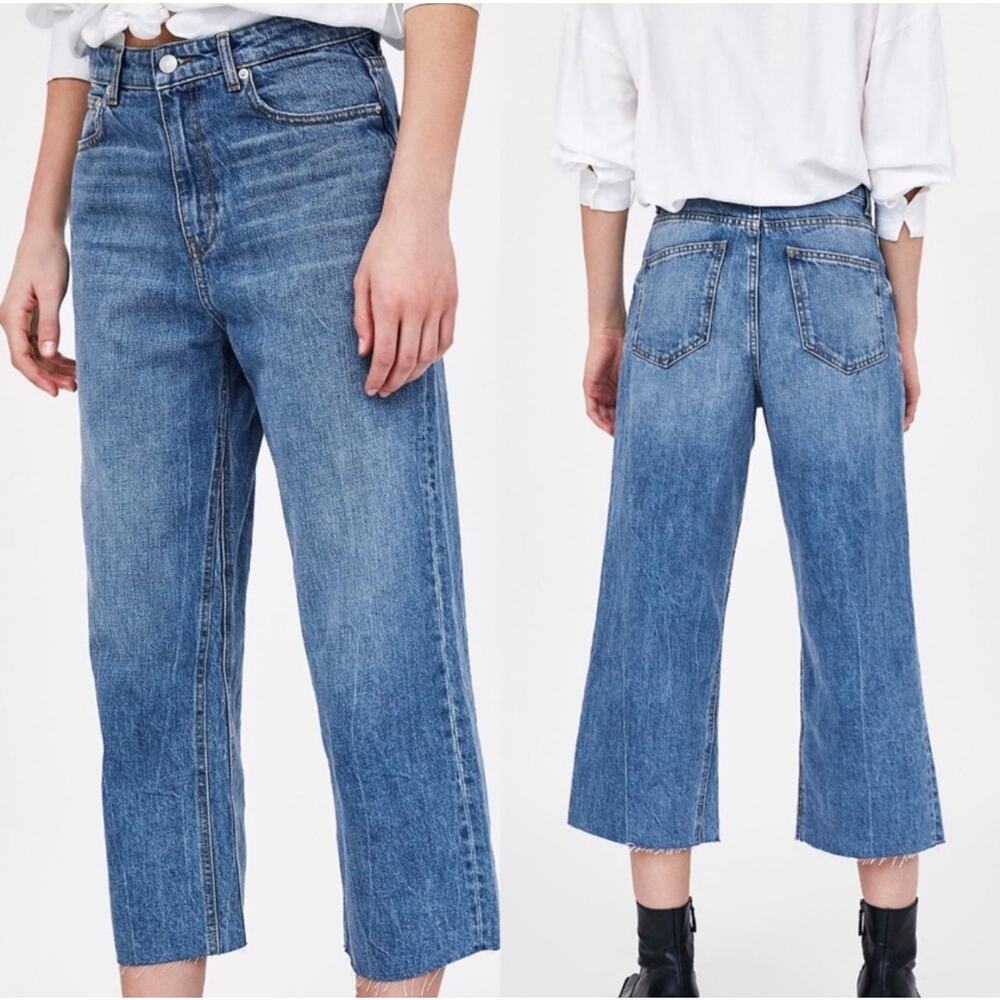 Zara High Waist Culottes Jeans Blue Size 4 Raw‎ Hem Medium Wash Cotton Casual